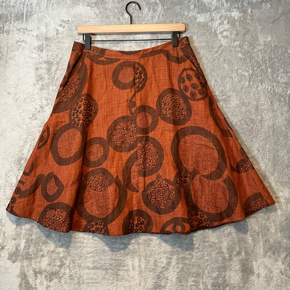 Vtg Boho Linen Skirt Rust Brown Circle Print & Beaded Details‎ Earthy Tones Sz 4